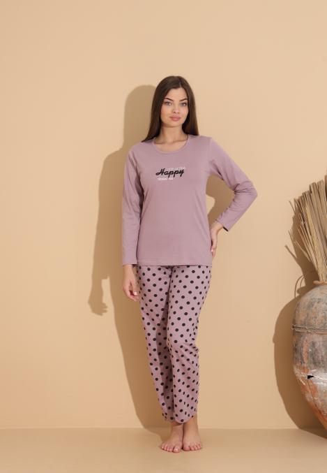 Pijama Dama „HAPPY" ,Pantaloni si Maneca Lunga,Culoare Mov, Engros